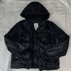 leather jacket with sweatshirt hood